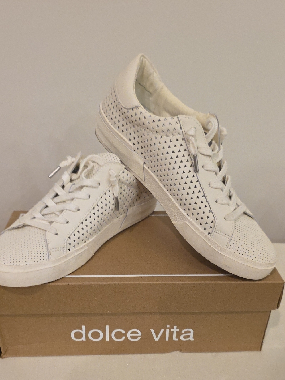 Dolce Vita White Perforated Triangle-Pattern Sneakers
